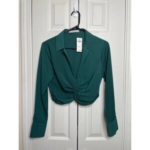 NEW Abercrombie & FItch Womens S Green Twist Front Collard Crop Long Sleeve Top
